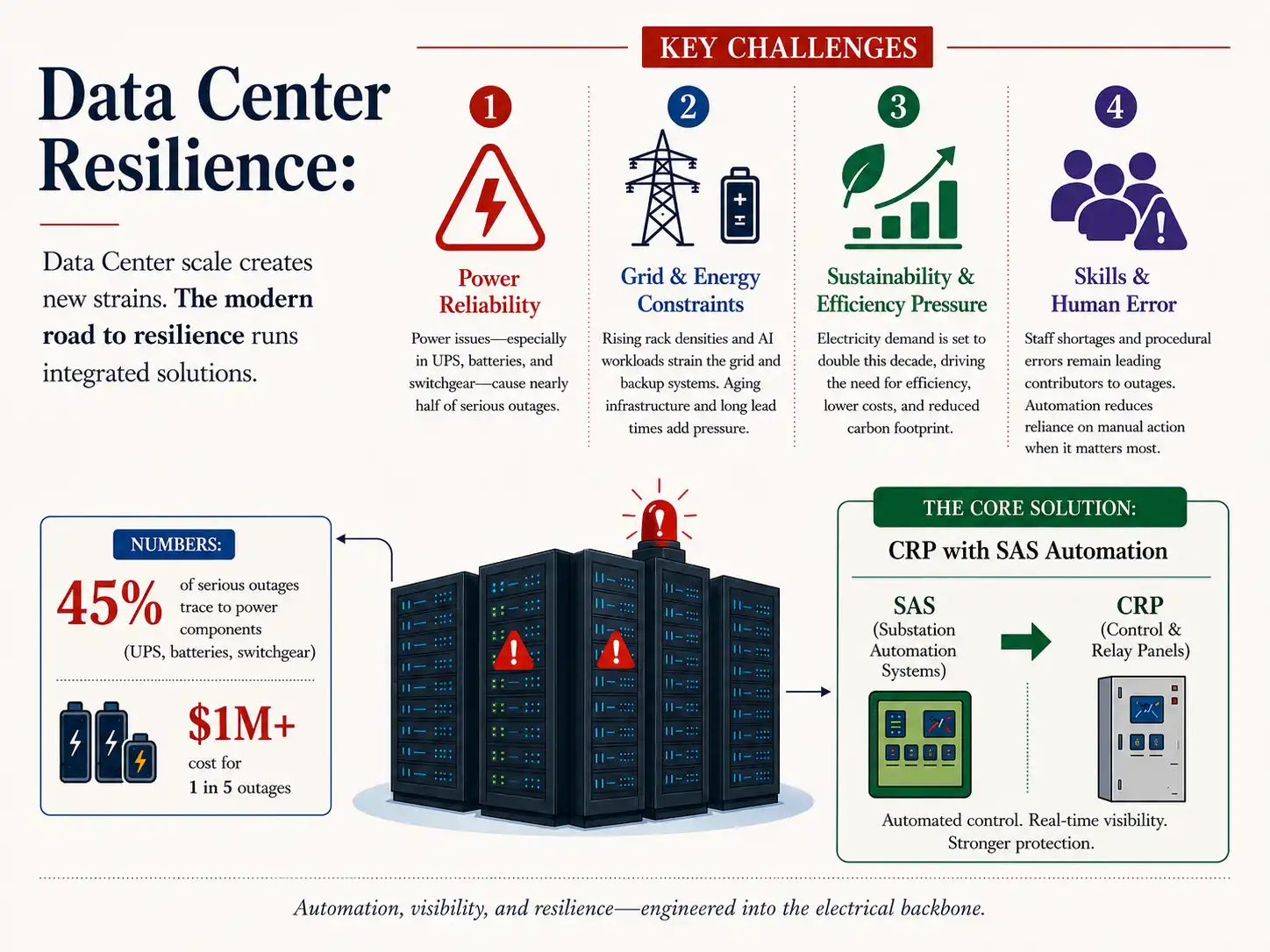 Data center resilience overview showing four core challenges and Voltech's SAS and CRP solution