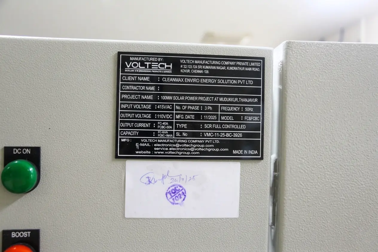 Voltech dual mode FCBC charger front panel view — CleanMax 100 MW Solar Project